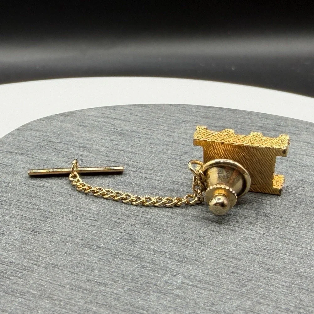 Gold Tone Blue Stone Tie Tack Lapel Pin Textured Square Chain Bar Gift for Him